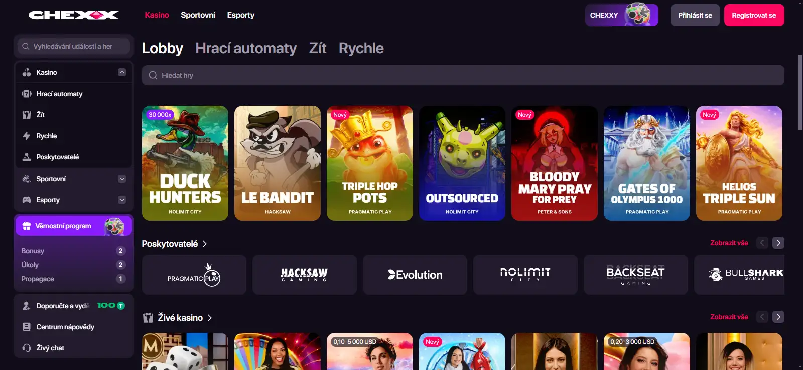 Lobby CHEXX s kategoriemi kasina a přehledem her