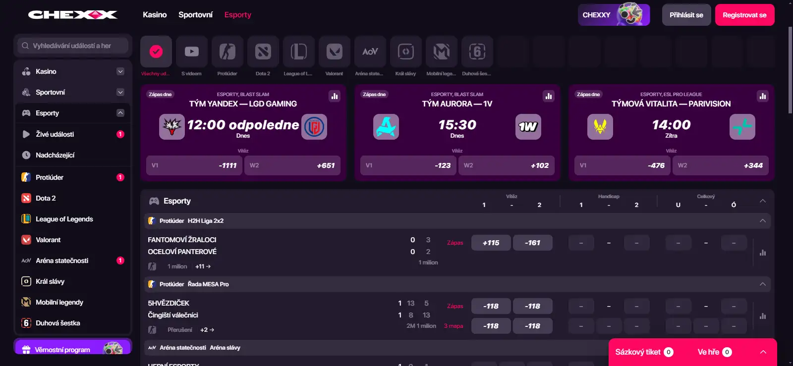 Sázková nabídka CHEXX se sportovními a e-sportovými událostmi